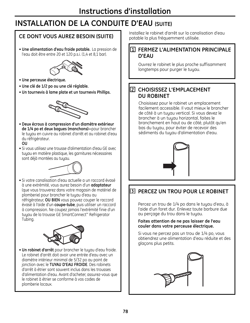Instructions d’installation, Installation de la conduite d’eau | GE 49-60612 User Manual | Page 78 / 136