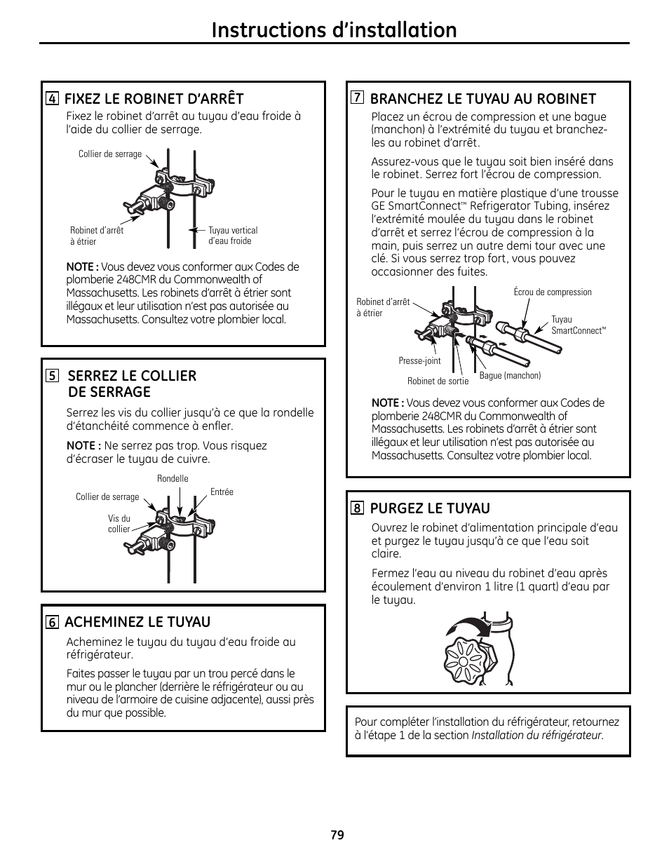 Instructions d’installation, Branchez le tuyau au robinet, Purgez le tuyau | Acheminez le tuyau, Fixez le robinet d’arrêt, Serrez le collier de serrage | GE 49-60612 User Manual | Page 79 / 136