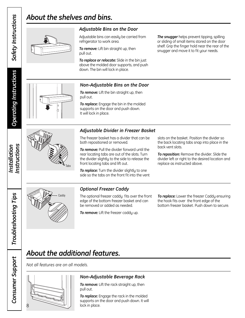 Additional features, About the additional features, About the shelves and bins | GE 49-60612 User Manual | Page 8 / 136
