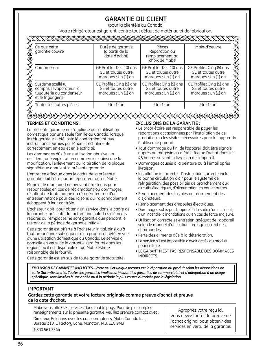 Garantie pour la clientèle au canada, Garantie du client | GE 49-60612 User Manual | Page 86 / 136
