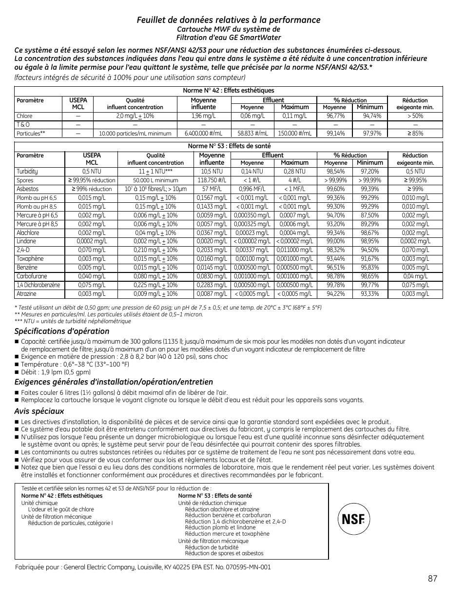 87 feuillet de données relatives à la performance, Spécifications d’opération, Avis spéciaux | GE 49-60612 User Manual | Page 87 / 136
