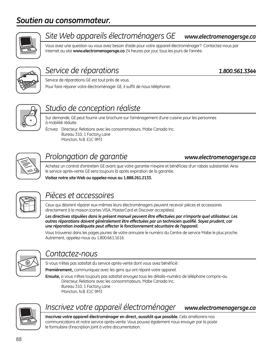 Soutien au consommateur, Service de réparations, Studio de conception réaliste | Prolongation de garantie, Pièces et accessoires, Contactez-nous, Inscrivez votre appareil électroménager | GE 49-60612 User Manual | Page 88 / 136