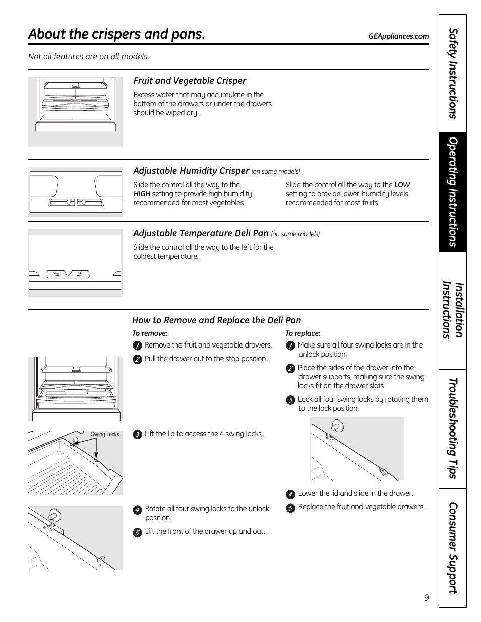 Crispers and pans, About the crispers and pans | GE 49-60612 User Manual | Page 9 / 136