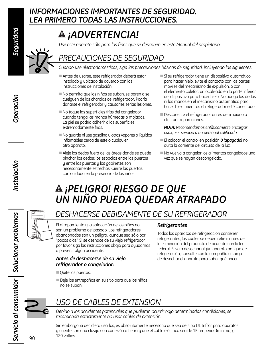 Información de seguridad, Advertencia, Precauciones de seguridad | Deshacerse debidamente de su refrigerador, Uso de cables de extension | GE 49-60612 User Manual | Page 90 / 136