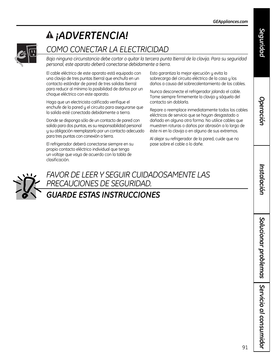 Advertencia, Como conectar la electricidad | GE 49-60612 User Manual | Page 91 / 136