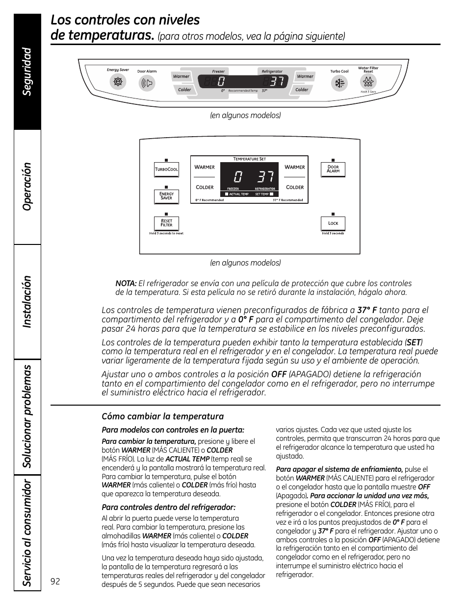 Los controles del refrigerador , 93, Los controles con niveles de temperaturas | GE 49-60612 User Manual | Page 92 / 136