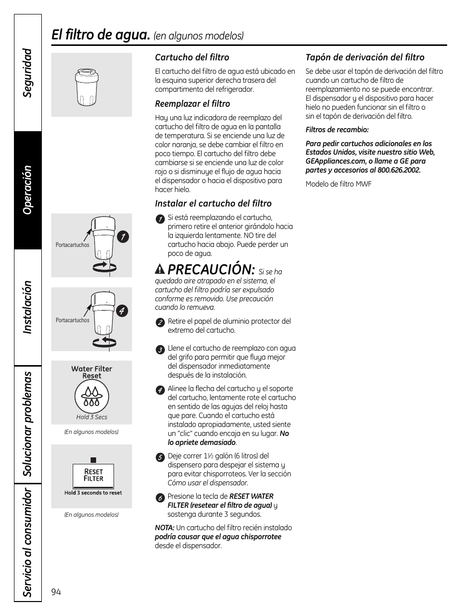 El filtro de agua, Precaución | GE 49-60612 User Manual | Page 94 / 136