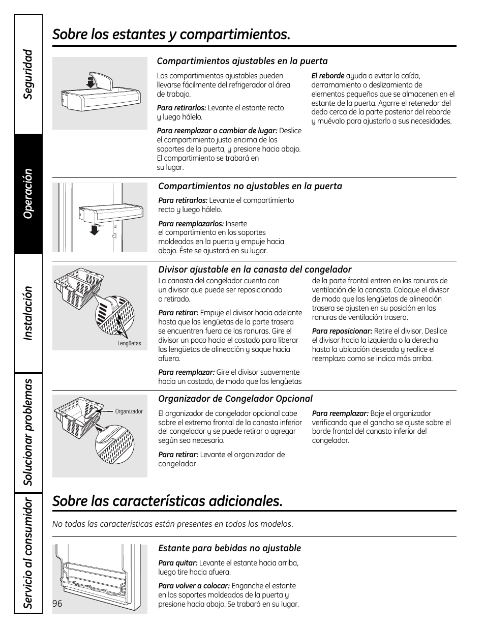 Características adicionales, Sobre los estantes y compartimientos, Sobre las características adicionales | GE 49-60612 User Manual | Page 96 / 136