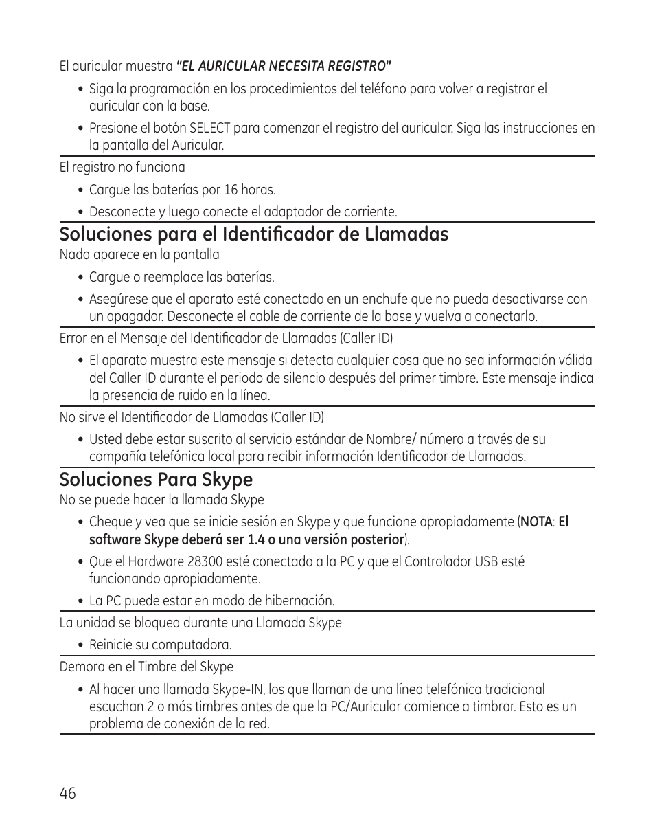 Soluciones para el identificador de llamadas, Soluciones para skype | GE 28300 User Manual | Page 100 / 108