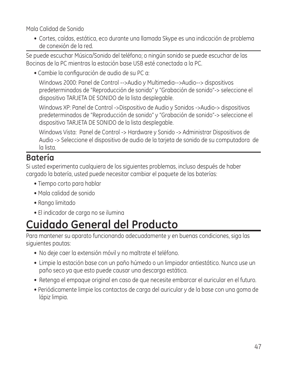 Cuidado general del producto, Batería | GE 28300 User Manual | Page 101 / 108