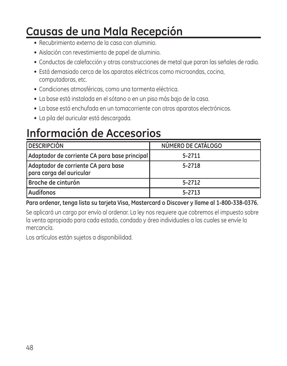 Causas de una mala recepción, Información de accesorios | GE 28300 User Manual | Page 102 / 108