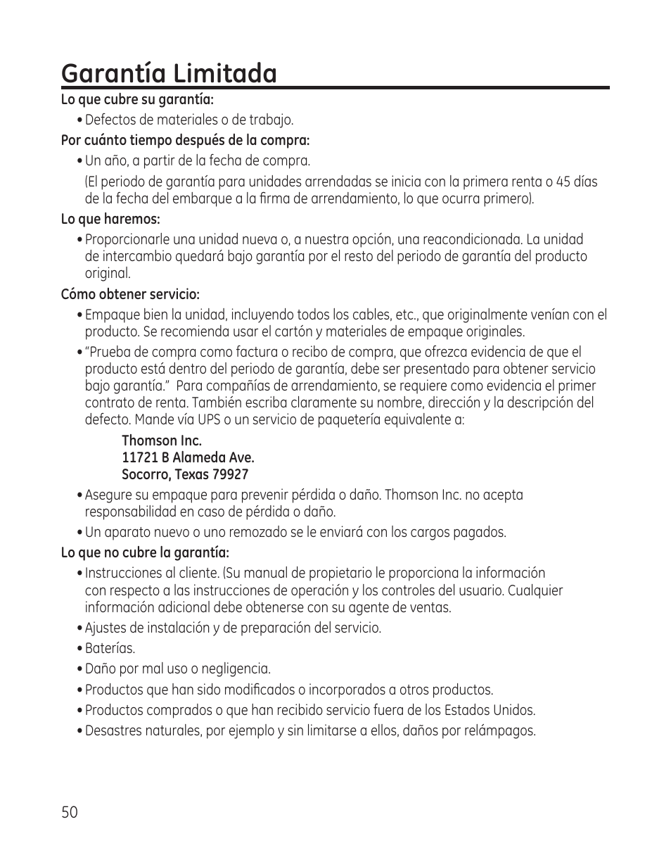 Garantía limitada | GE 28300 User Manual | Page 104 / 108