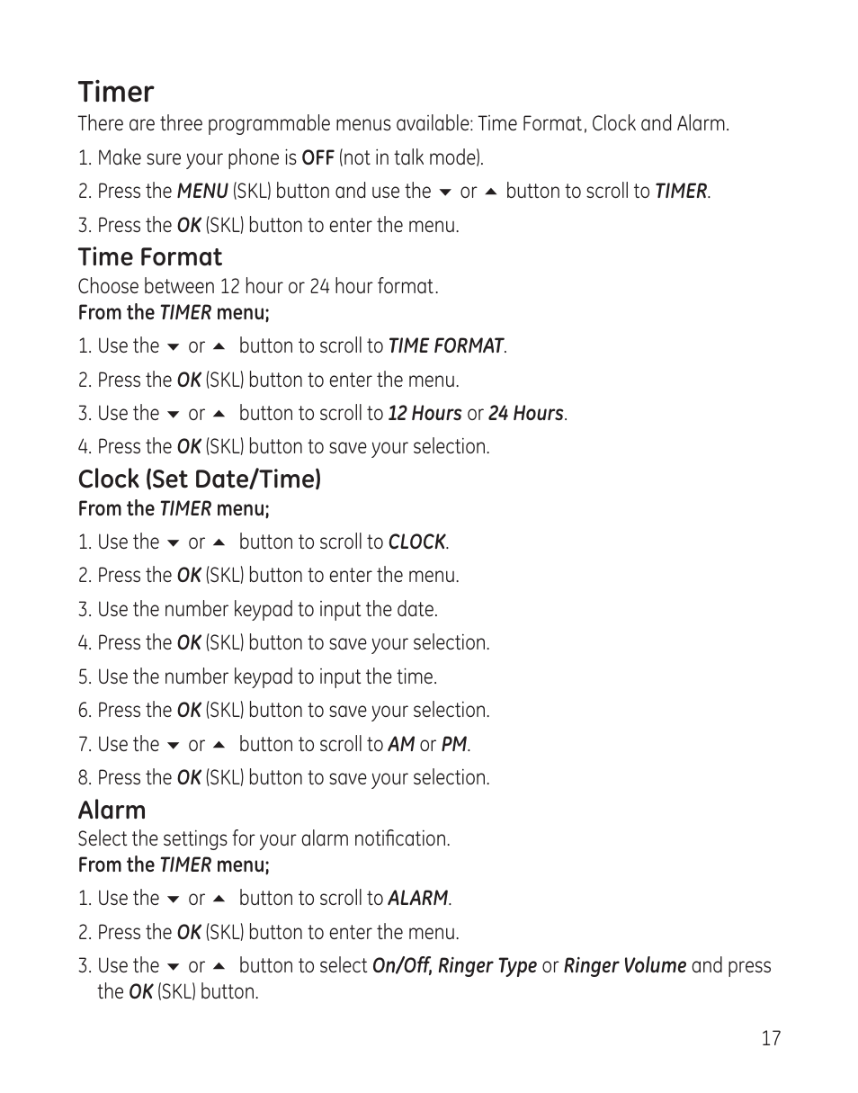 Timer, Time format, Clock (set date/time) | Alarm | GE 28300 User Manual | Page 17 / 108