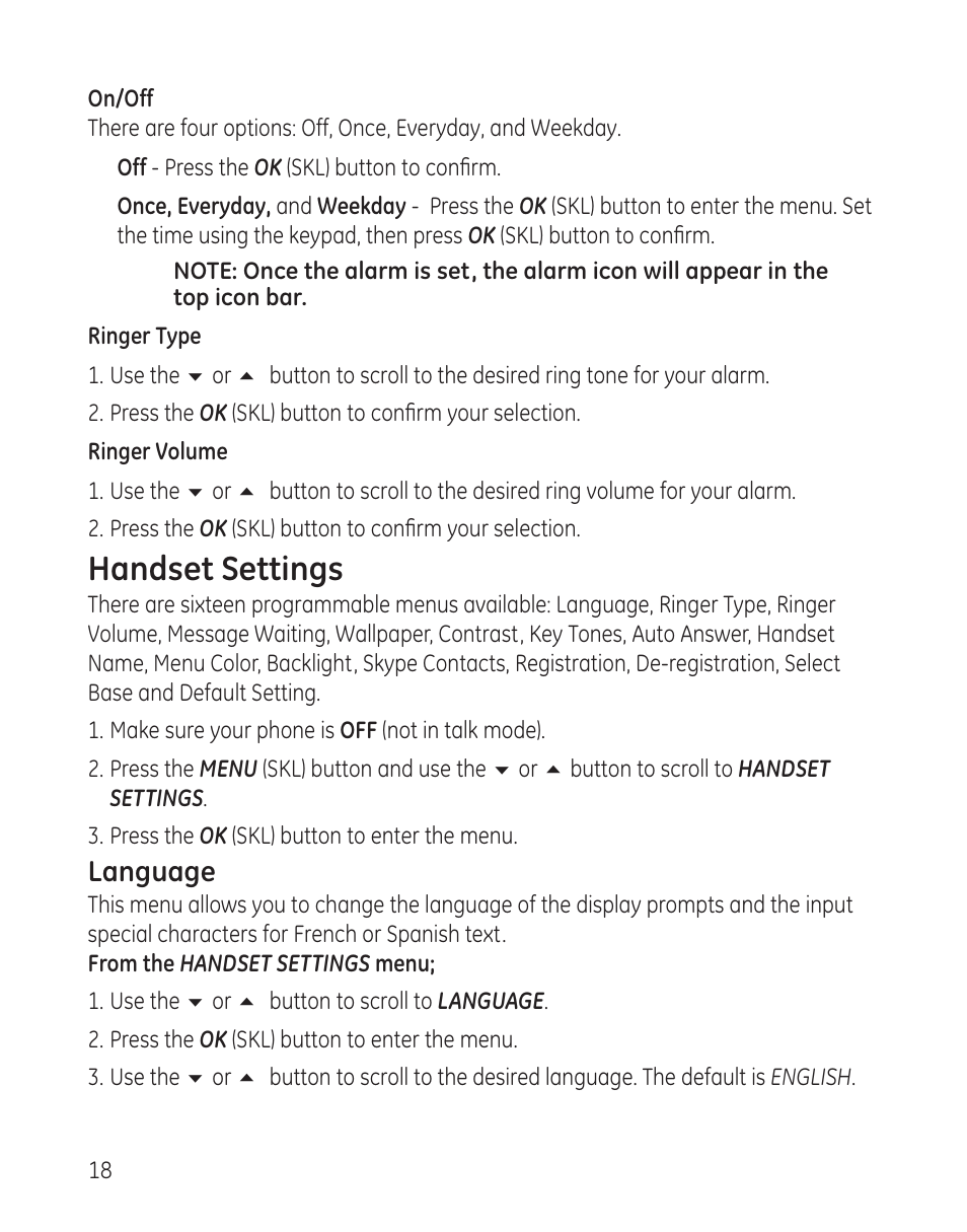 Handset settings, Language | GE 28300 User Manual | Page 18 / 108