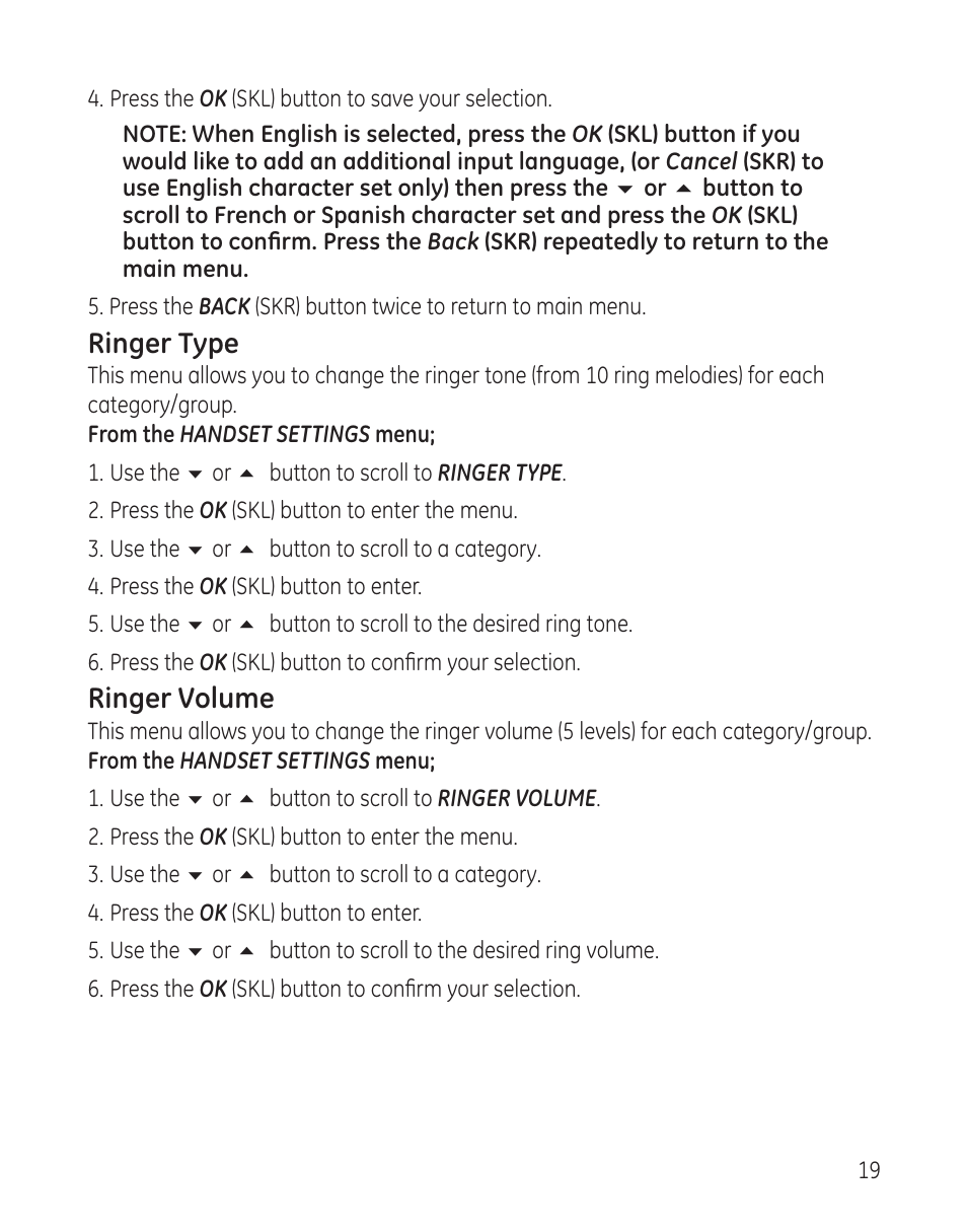 Ringer type, Ringer volume | GE 28300 User Manual | Page 19 / 108