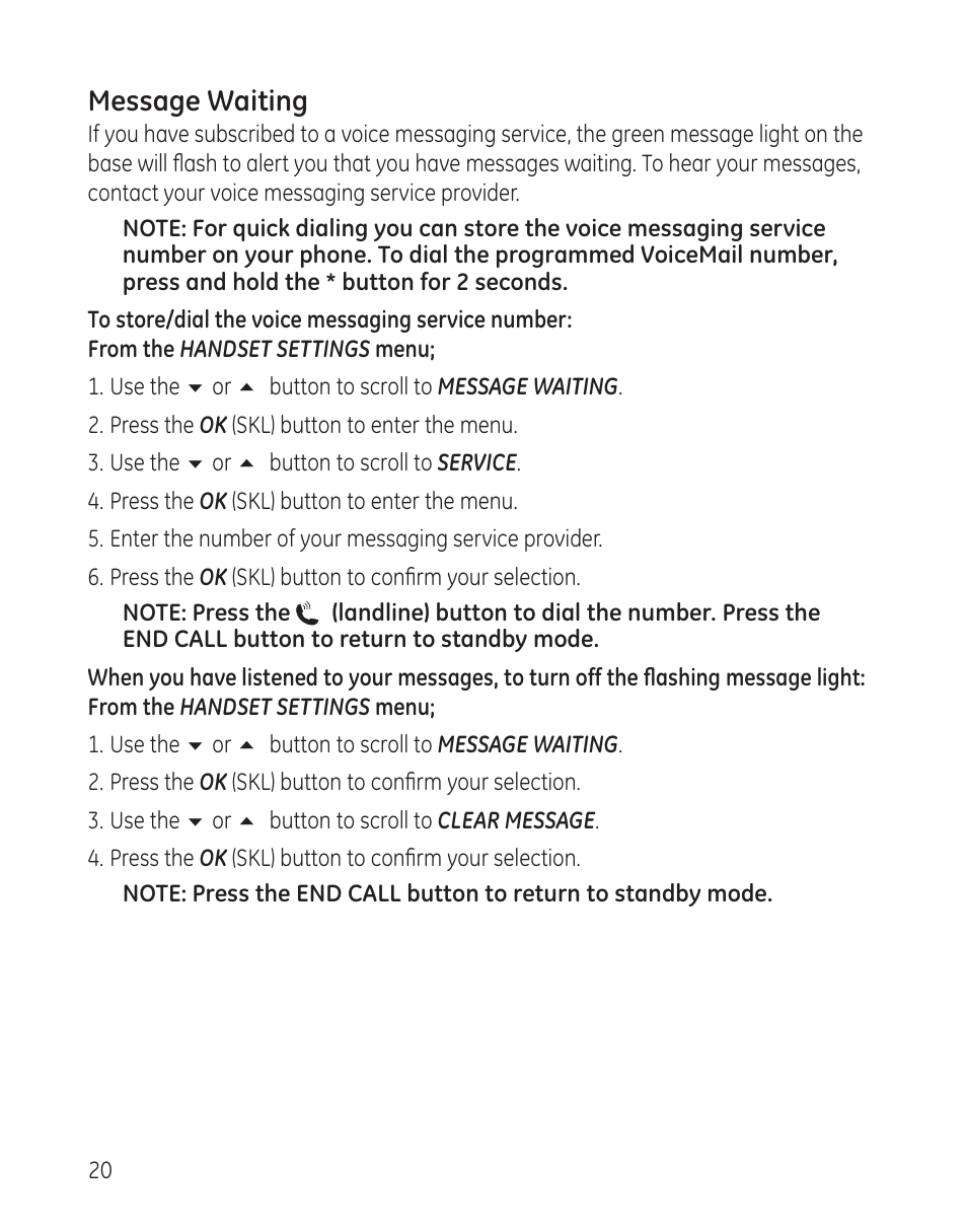 Message waiting | GE 28300 User Manual | Page 20 / 108