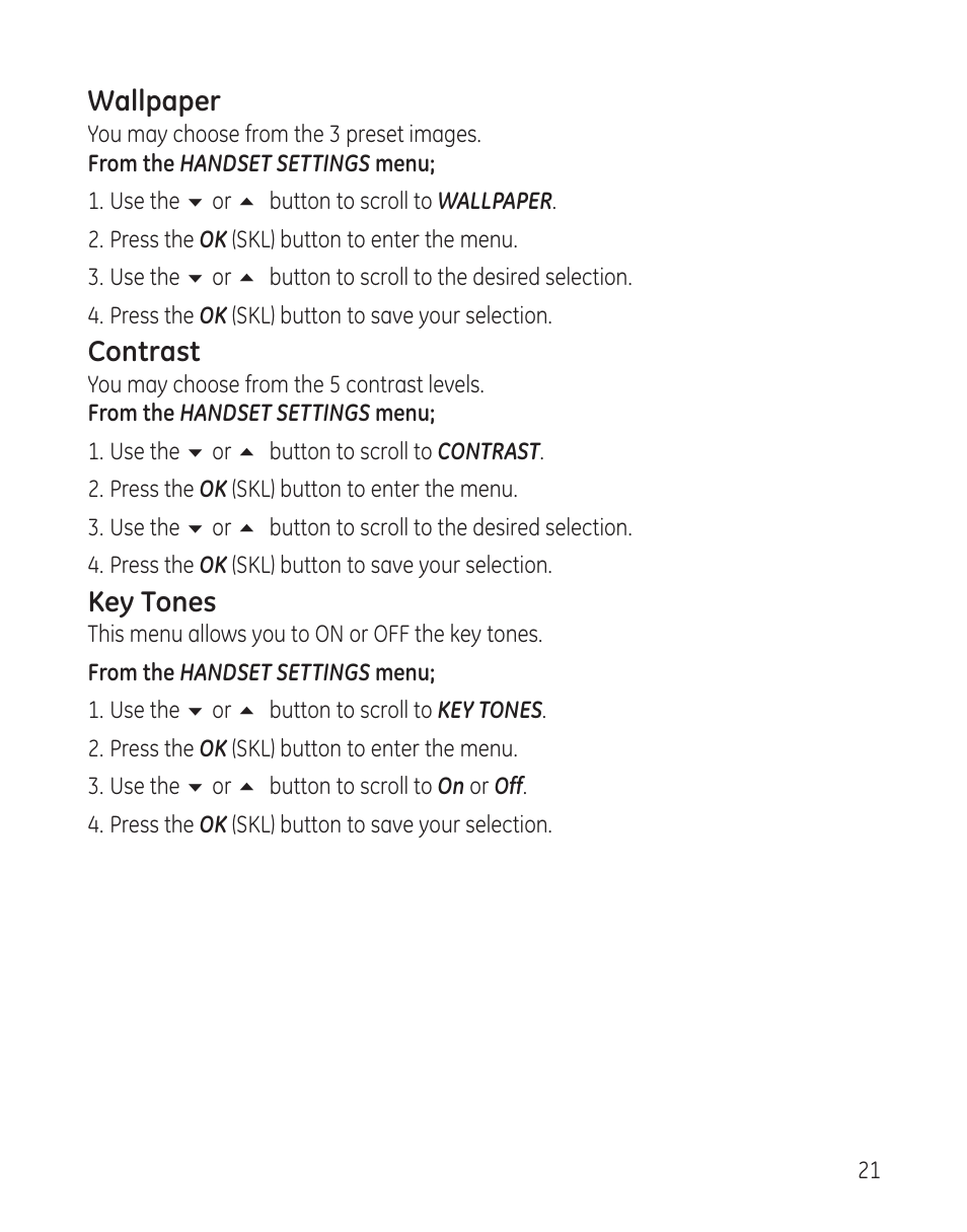 Wallpaper, Contrast, Key tones | GE 28300 User Manual | Page 21 / 108