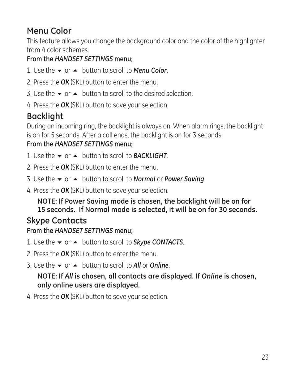 Menu color, Backlight, Skype contacts | GE 28300 User Manual | Page 23 / 108