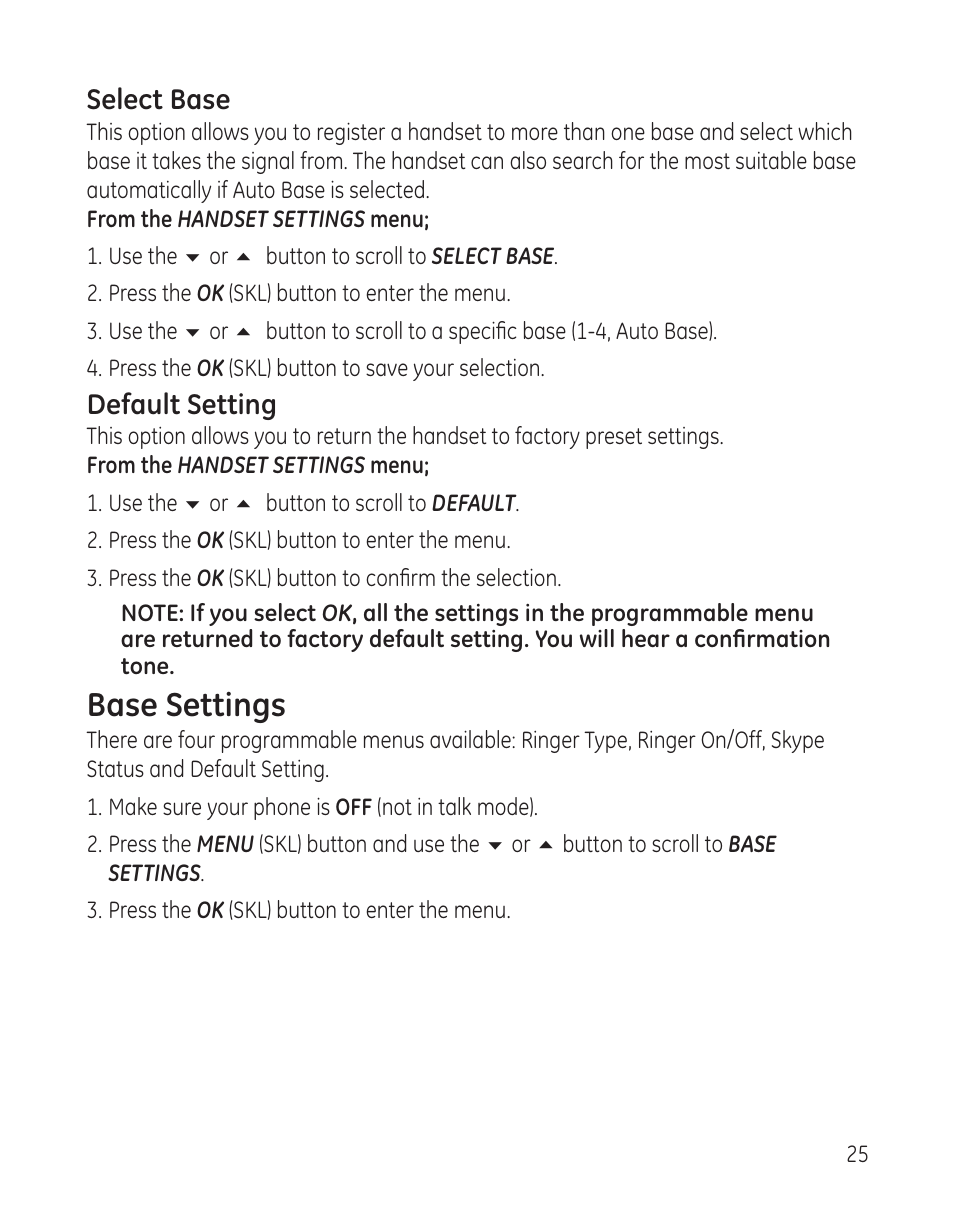 Base settings | GE 28300 User Manual | Page 25 / 108