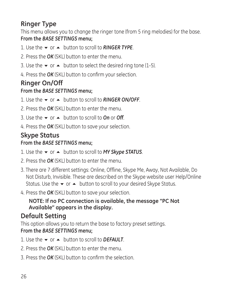 Ringer type, Ringer on/off, Skype status | Default setting | GE 28300 User Manual | Page 26 / 108