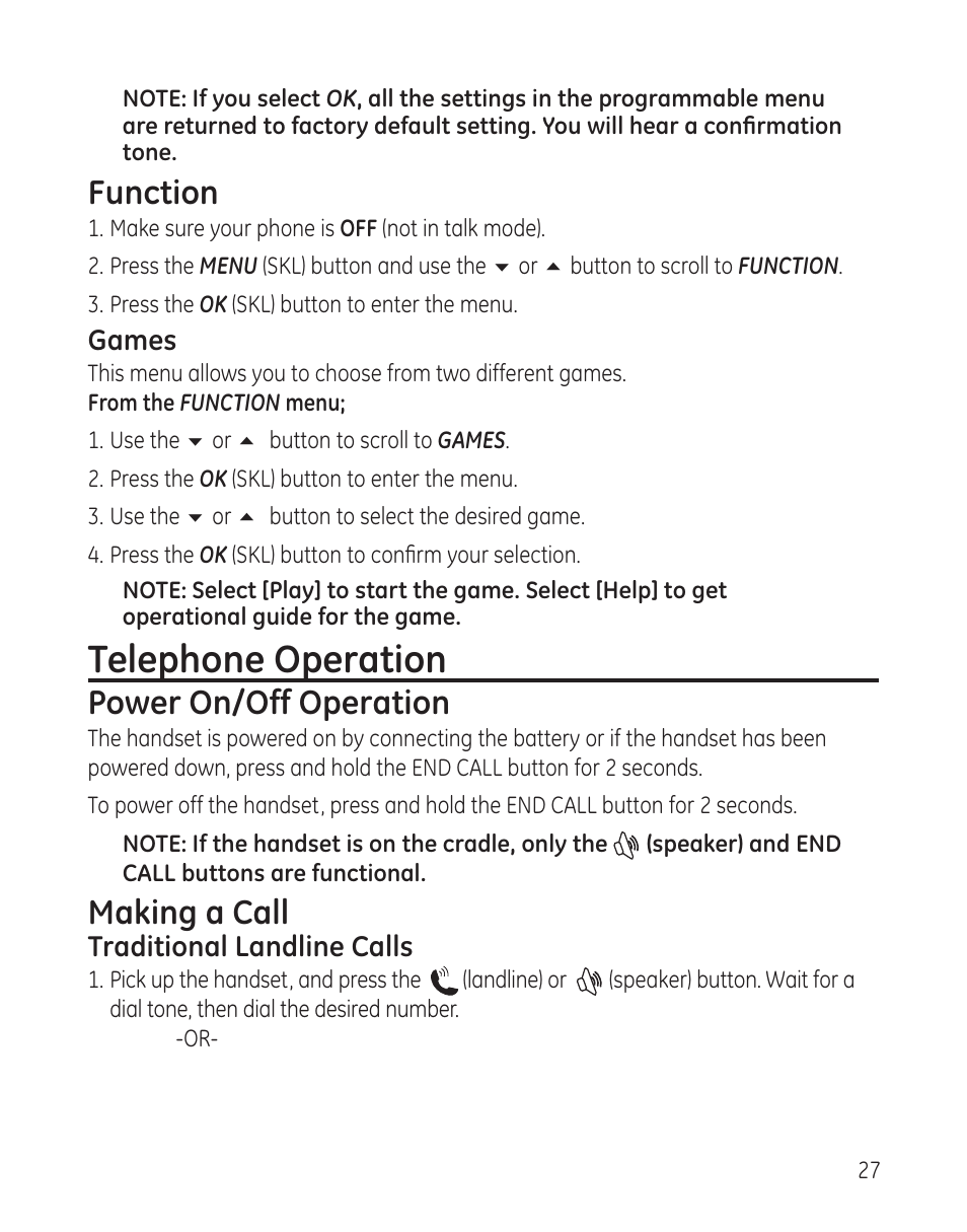 Telephone operation, Function, Power on/off operation | Making a call | GE 28300 User Manual | Page 27 / 108