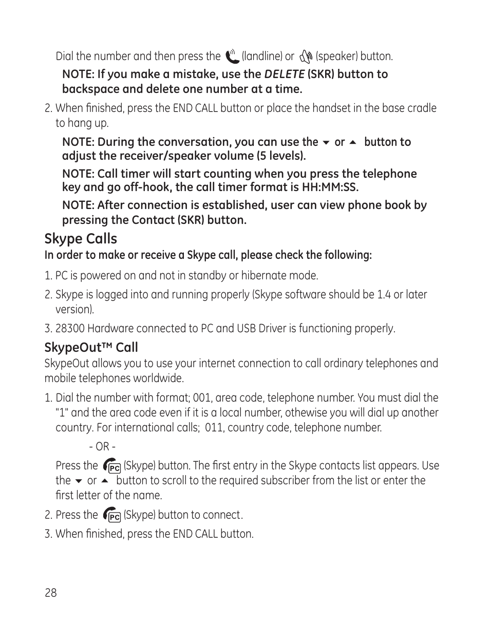 Skype calls | GE 28300 User Manual | Page 28 / 108