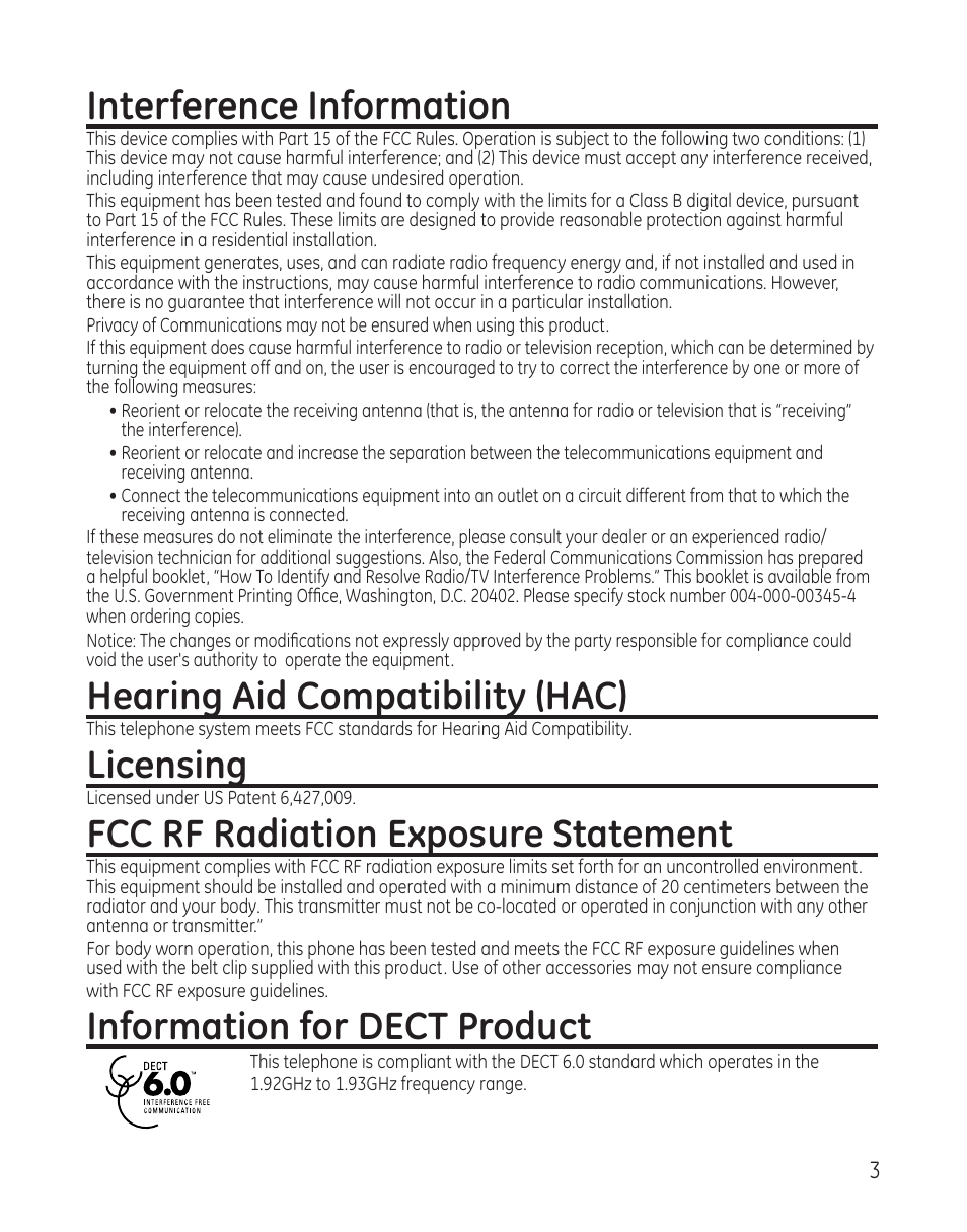 Interference information, Hearing aid compatibility (hac), Licensing | Fcc rf radiation exposure statement, Information for dect product | GE 28300 User Manual | Page 3 / 108