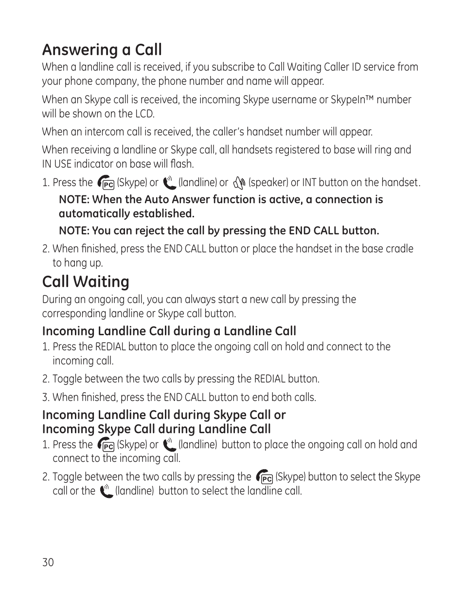 Answering a call, Call waiting | GE 28300 User Manual | Page 30 / 108