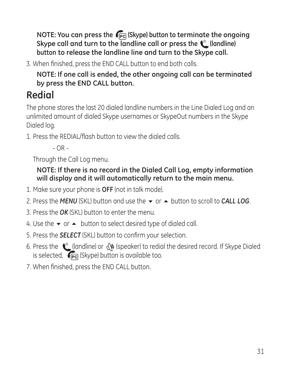 Redial | GE 28300 User Manual | Page 31 / 108