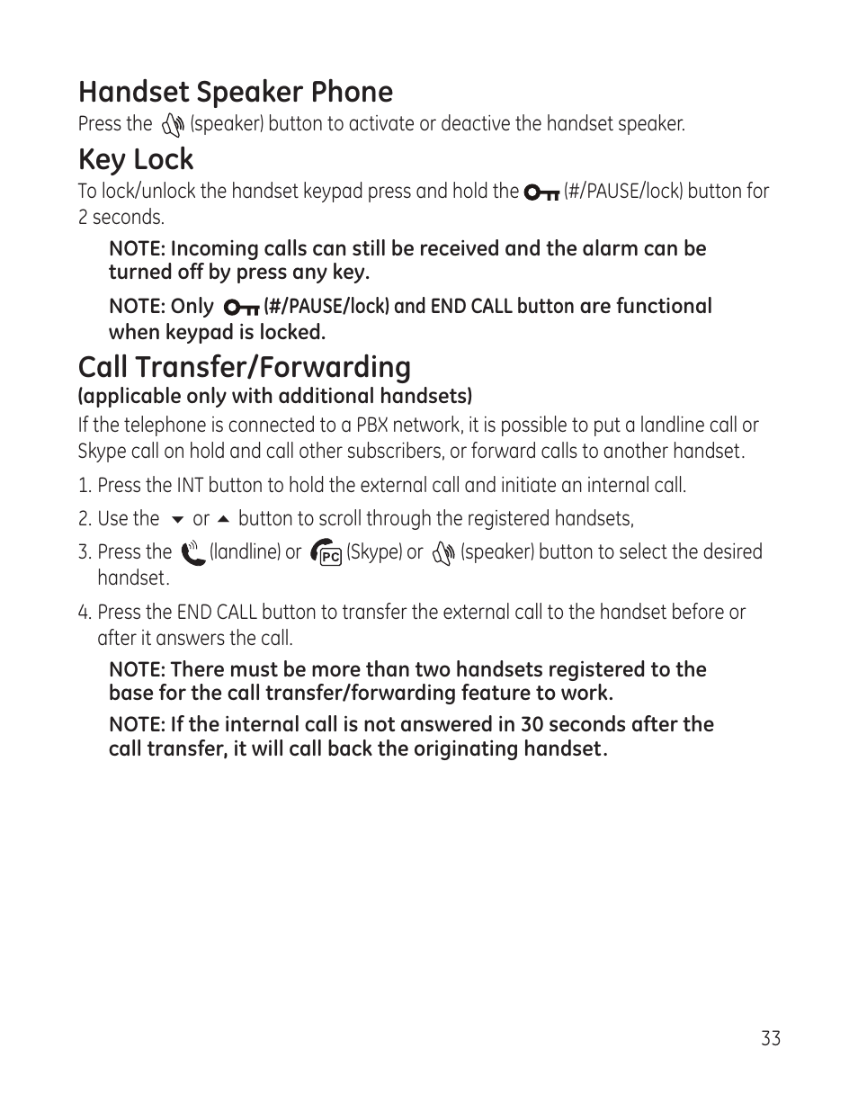 Handset speaker phone, Key lock, Call transfer/forwarding | GE 28300 User Manual | Page 33 / 108