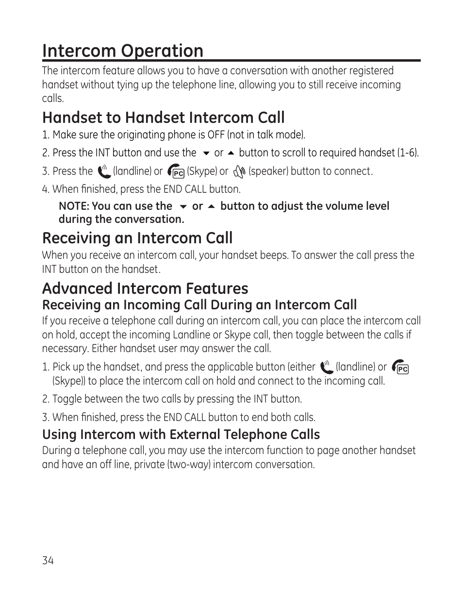 Intercom operation, Handset to handset intercom call, Receiving an intercom call | Advanced intercom features | GE 28300 User Manual | Page 34 / 108