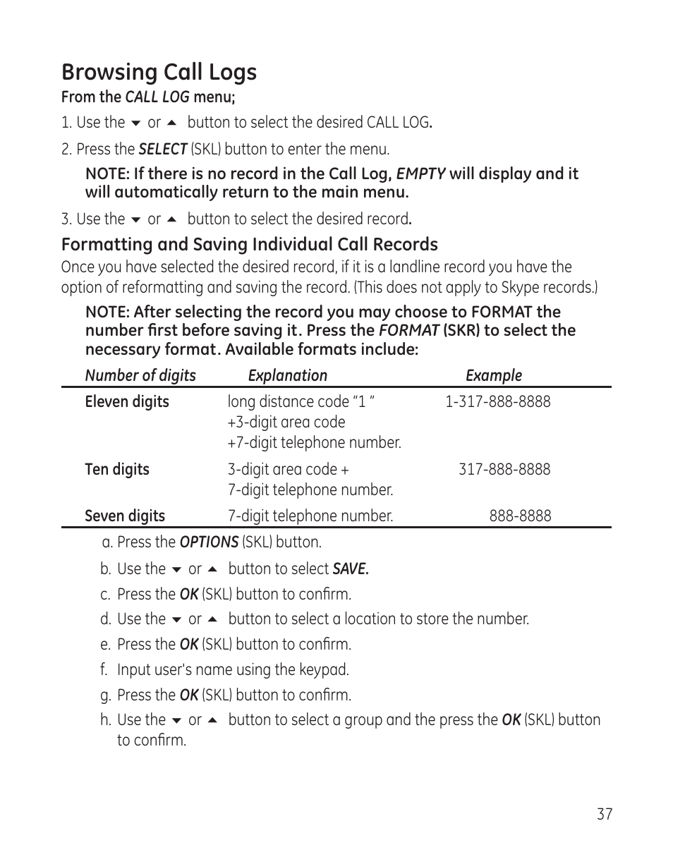 Browsing call logs | GE 28300 User Manual | Page 37 / 108