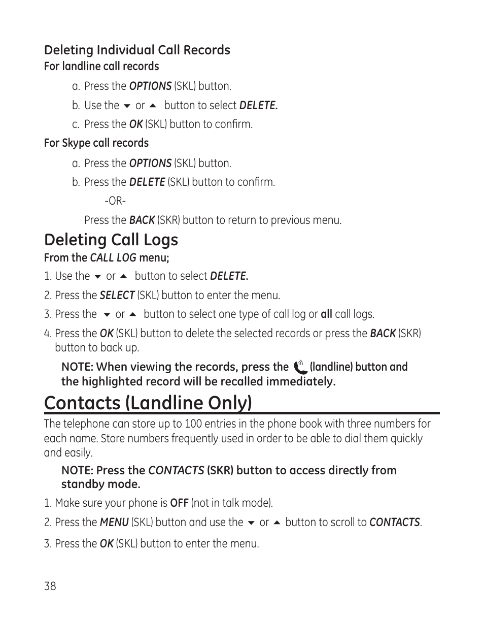 Contacts (landline only), Deleting call logs | GE 28300 User Manual | Page 38 / 108