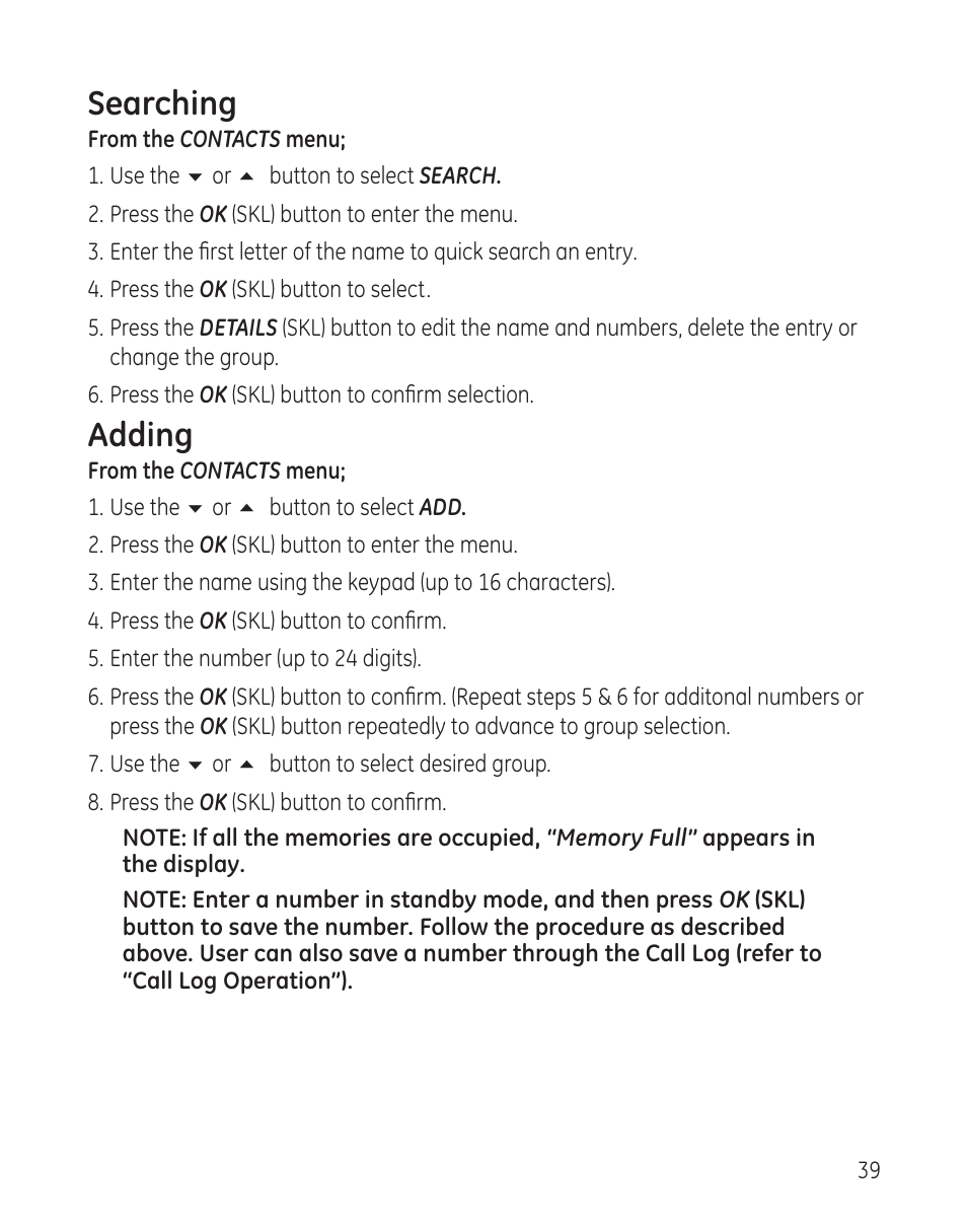 Searching, Adding | GE 28300 User Manual | Page 39 / 108