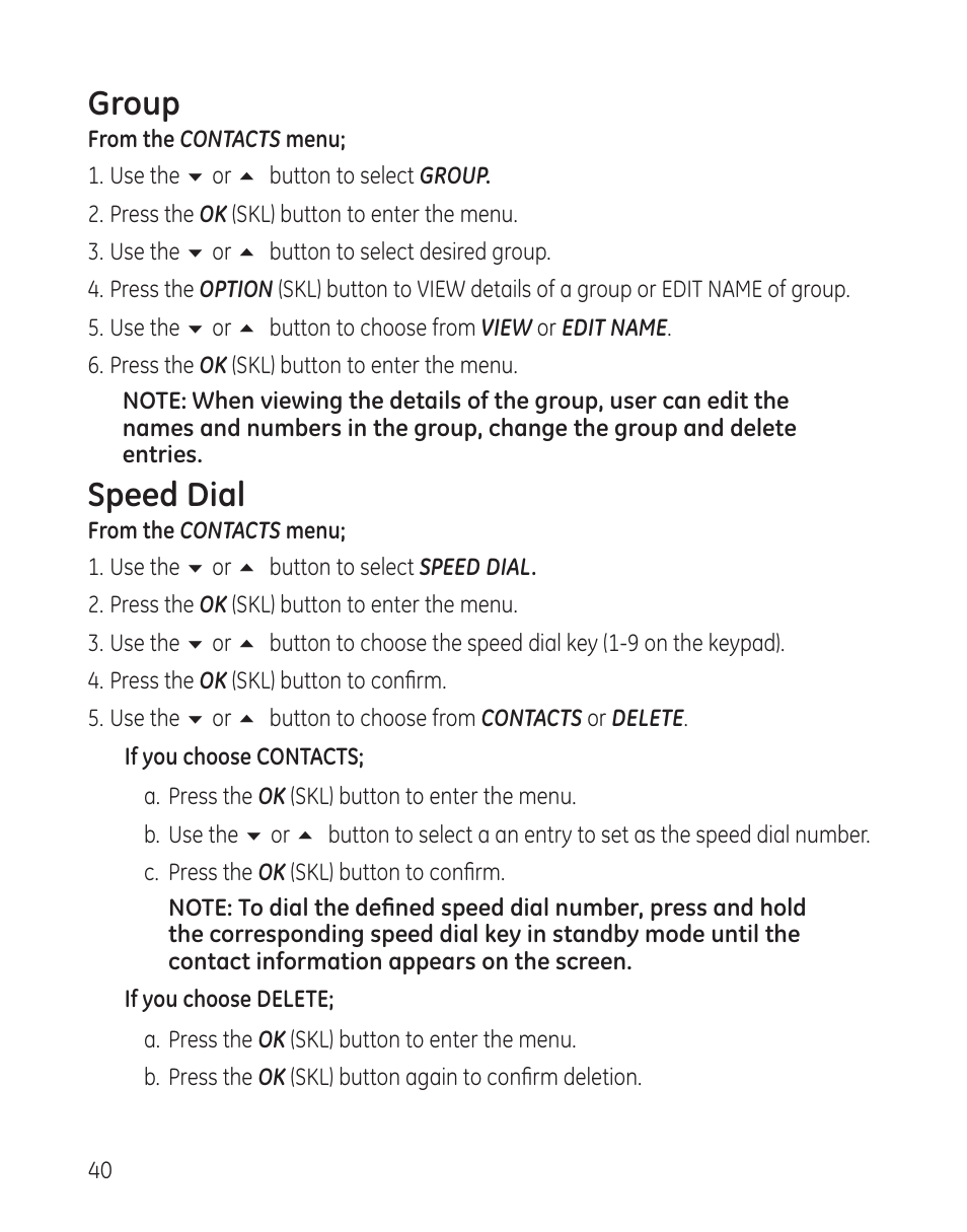 Group, Speed dial | GE 28300 User Manual | Page 40 / 108