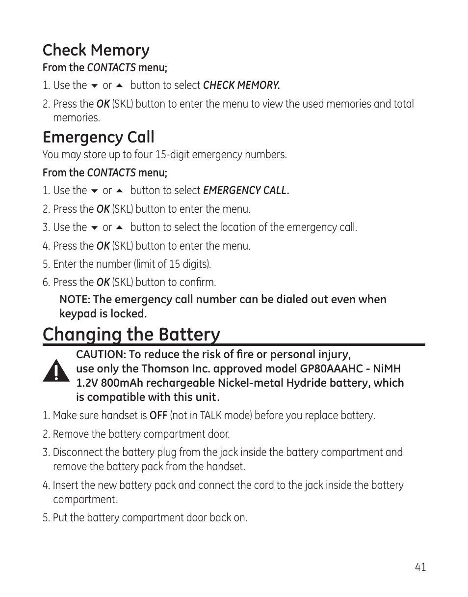 Changing the battery, Emergency call | GE 28300 User Manual | Page 41 / 108