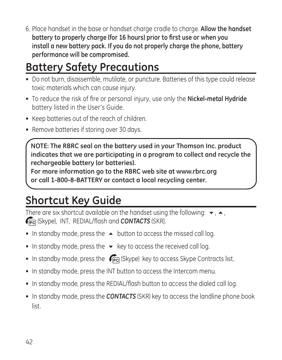 Battery safety precautions, Shortcut key guide | GE 28300 User Manual | Page 42 / 108