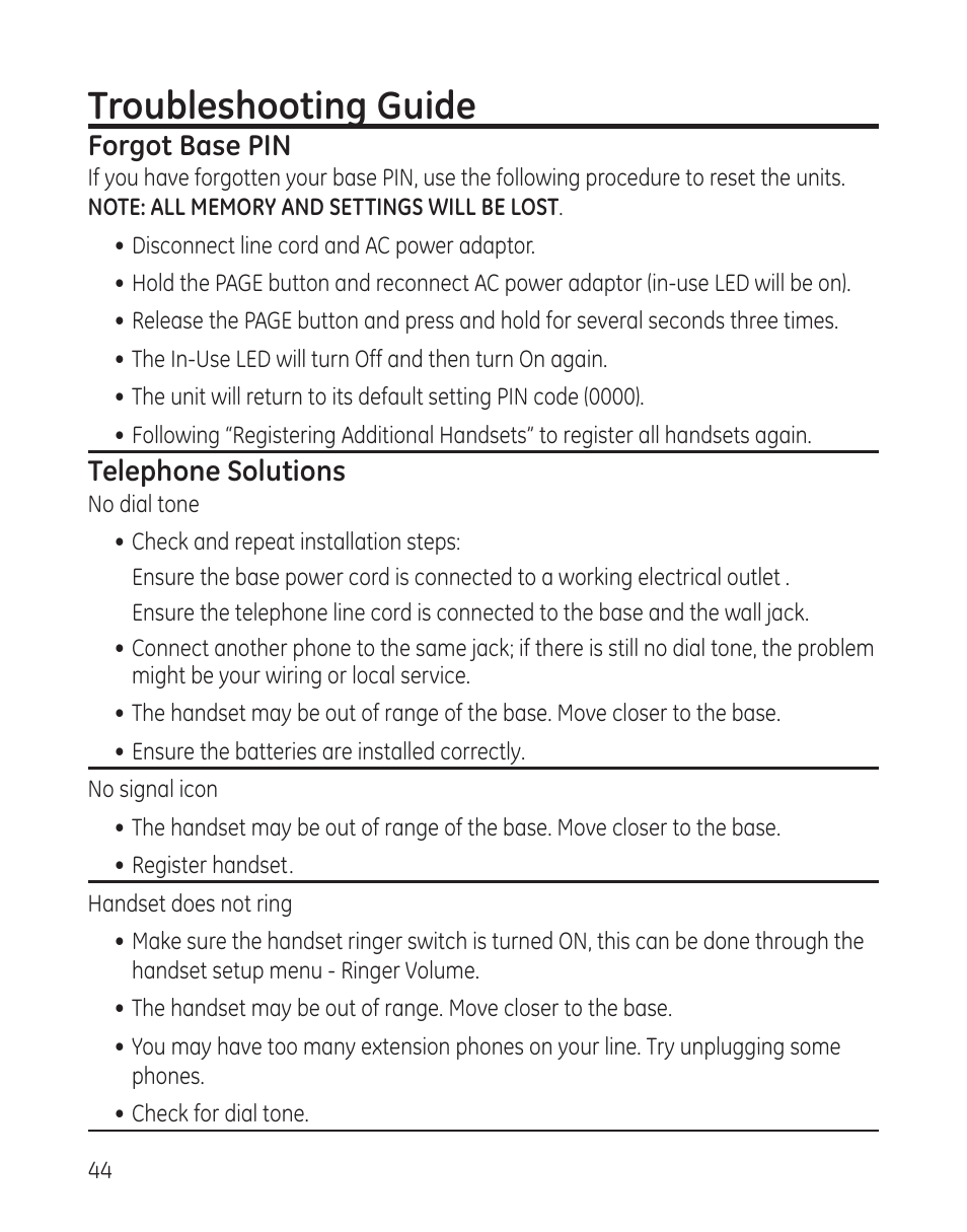 Troubleshooting guide | GE 28300 User Manual | Page 44 / 108