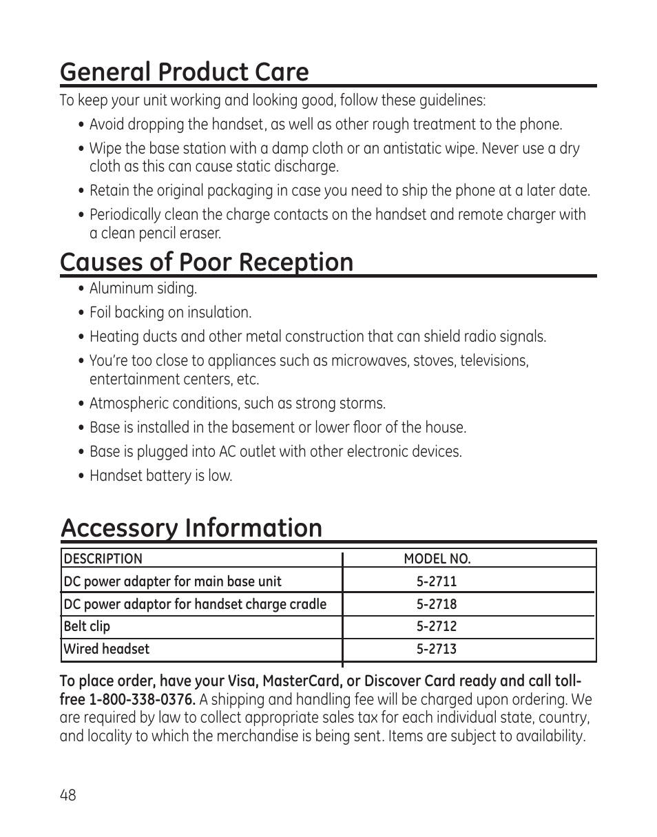 General product care, Causes of poor reception, Accessory information | GE 28300 User Manual | Page 48 / 108