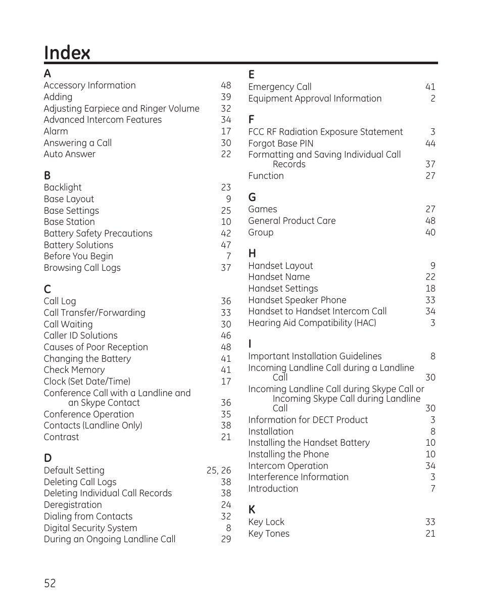 Index | GE 28300 User Manual | Page 52 / 108