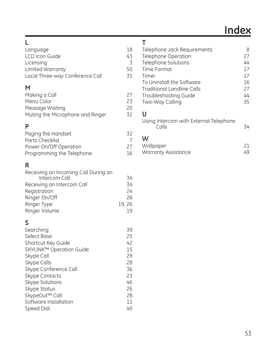 Index, 53 l | GE 28300 User Manual | Page 53 / 108