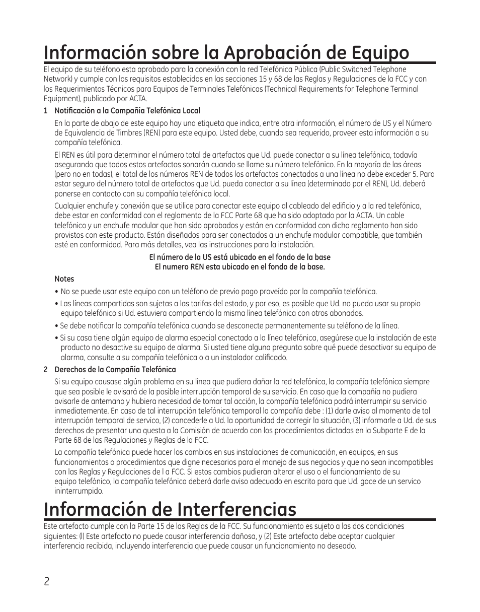 Información sobre la aprobación de equipo, Información de interferencias | GE 28300 User Manual | Page 56 / 108