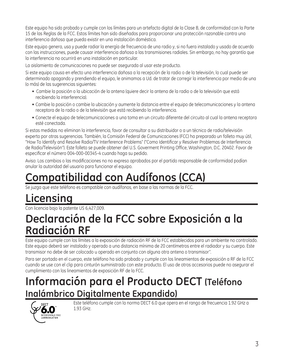 Compatibilidad con audífonos (cca), Licensing, Información para el producto dect | Teléfono inalámbrico digitalmente expandido) | GE 28300 User Manual | Page 57 / 108