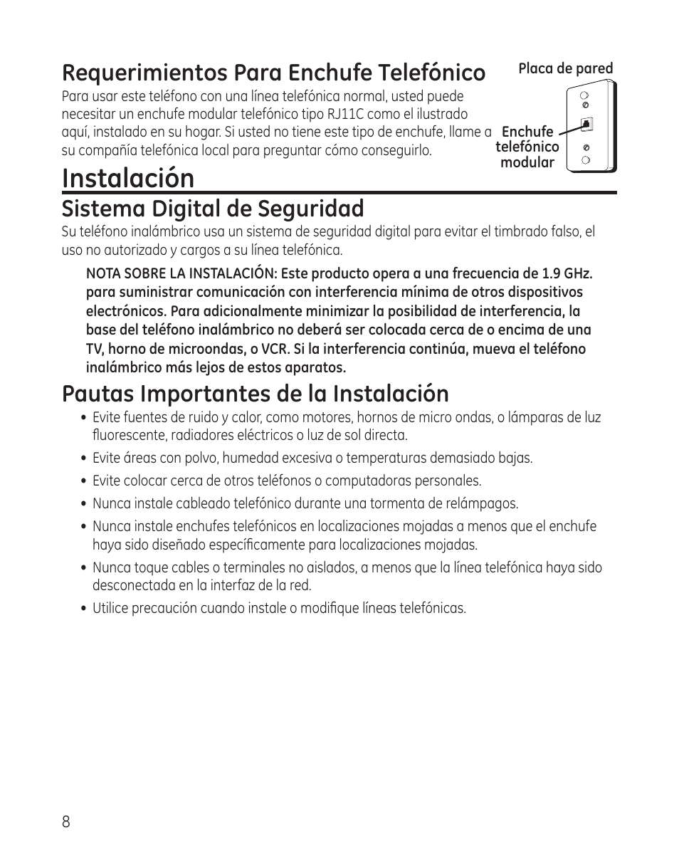 Instalación, Requerimientos para enchufe telefónico, Sistema digital de seguridad | Pautas importantes de la instalación | GE 28300 User Manual | Page 62 / 108