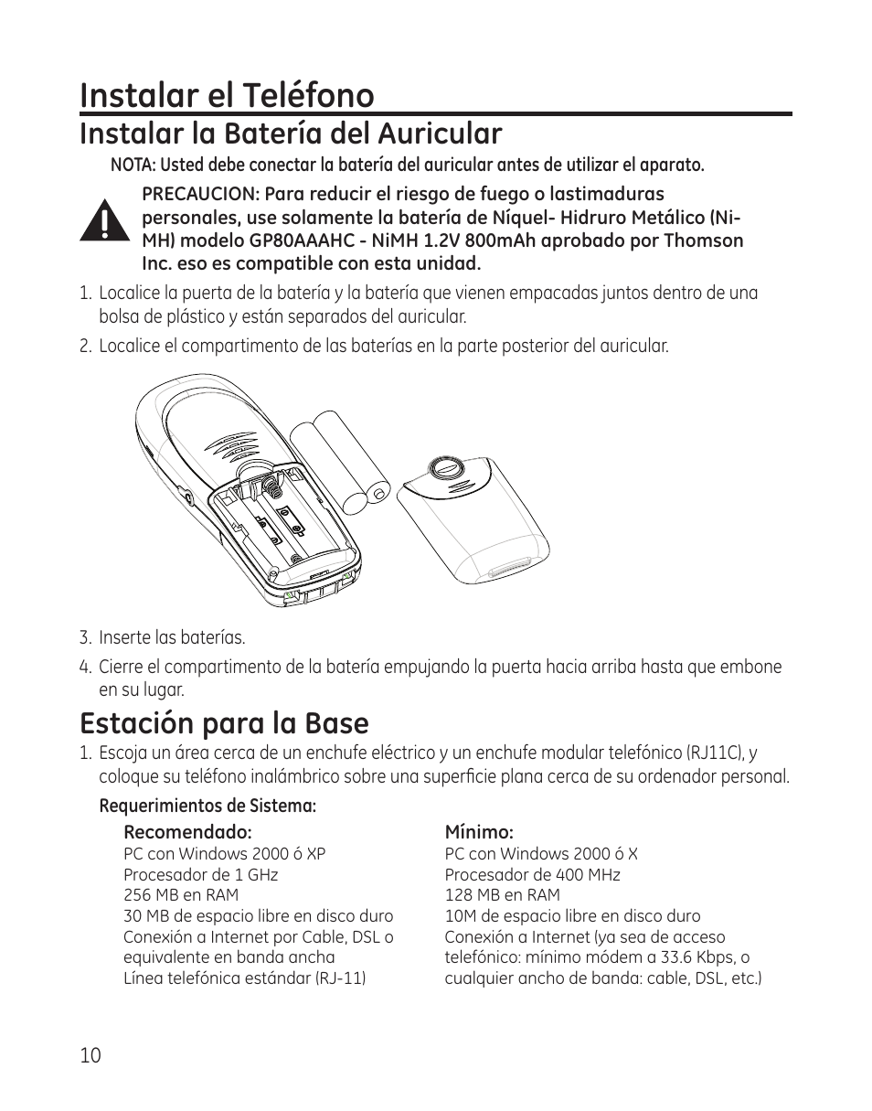 Instalar el teléfono, Instalar la batería del auricular, Estación para la base | GE 28300 User Manual | Page 64 / 108