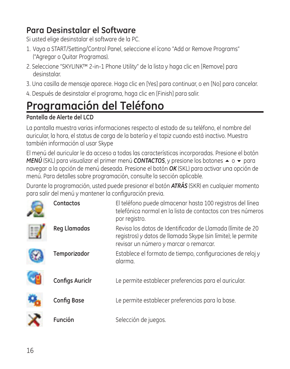 Programación del teléfono, Para desinstalar el software | GE 28300 User Manual | Page 70 / 108