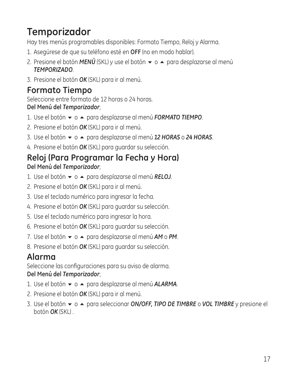 Temporizador, Formato tiempo, Reloj (para programar la fecha y hora) | Alarma | GE 28300 User Manual | Page 71 / 108