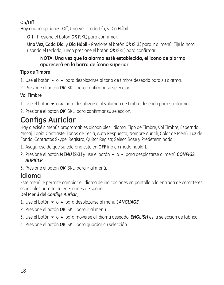 Configs auriclar, Idioma | GE 28300 User Manual | Page 72 / 108