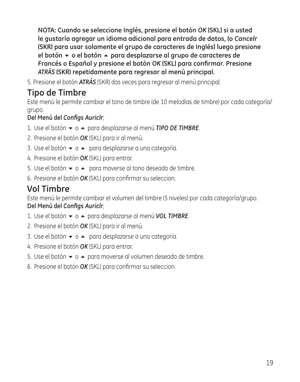 Tipo de timbre, Vol timbre | GE 28300 User Manual | Page 73 / 108