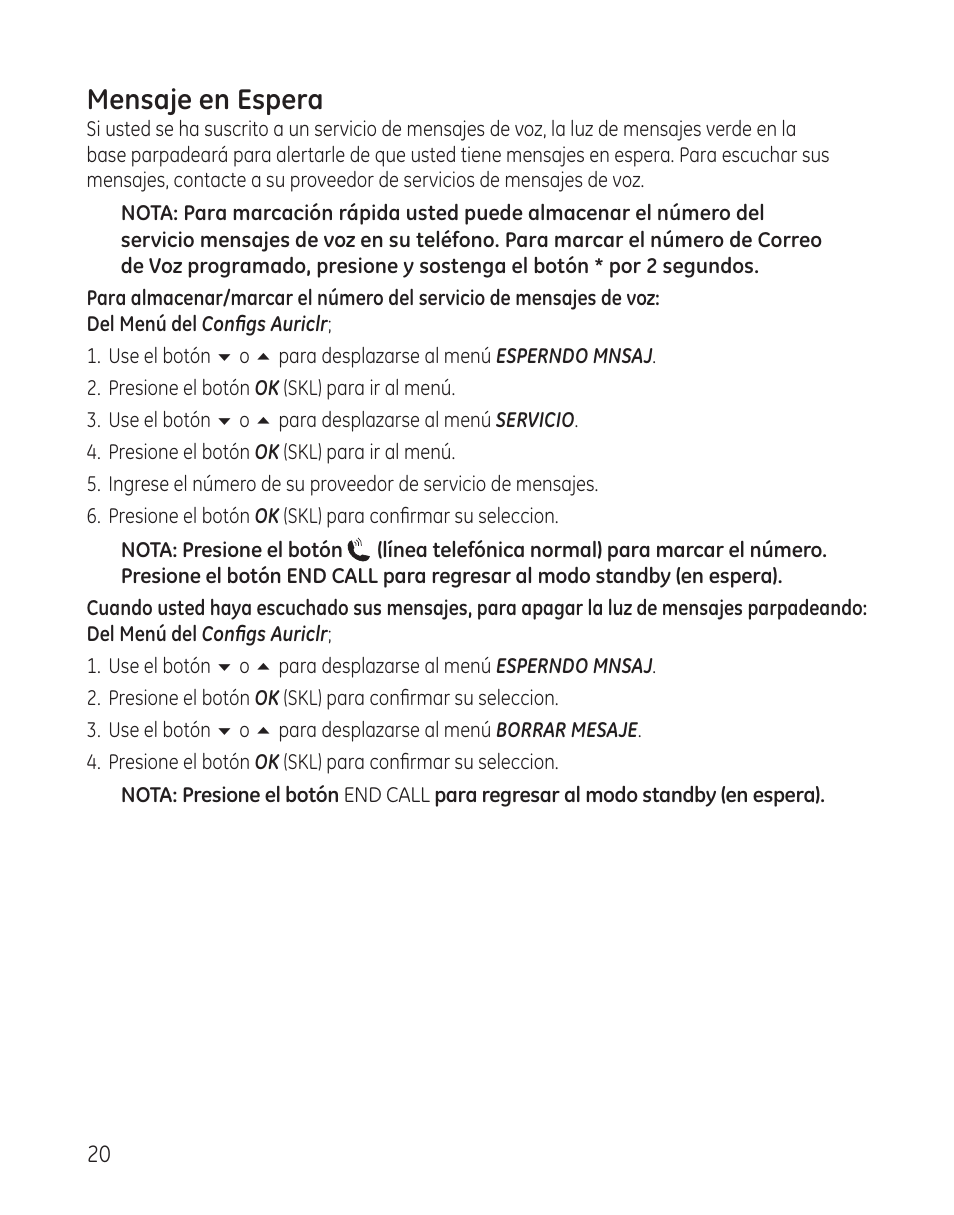 Mensaje en espera | GE 28300 User Manual | Page 74 / 108